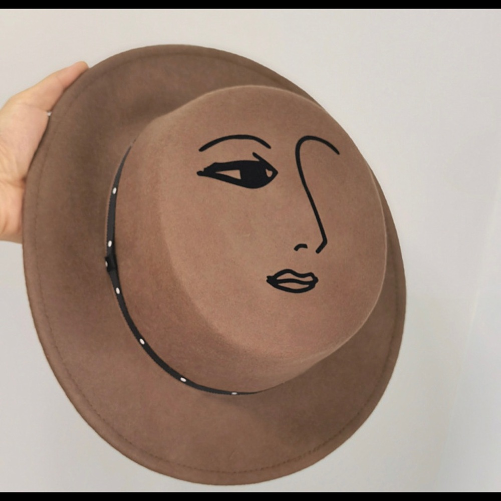 100% wool Brown color face design flat top Fedora hat - Picture 1 of 9